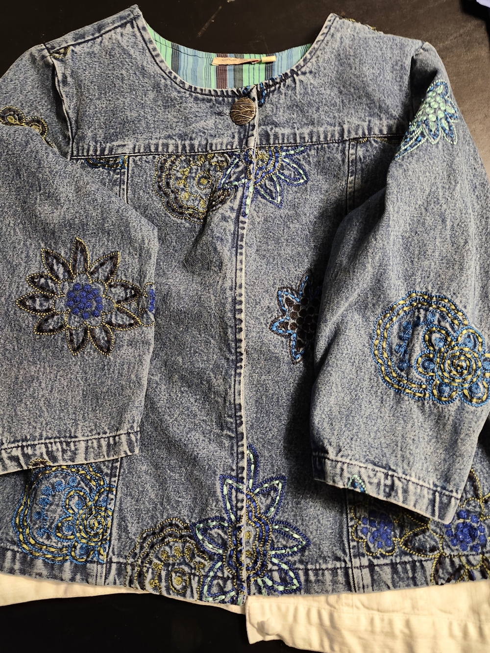 Embroidered Blue Denim Jacket with Beaded Floral Accents